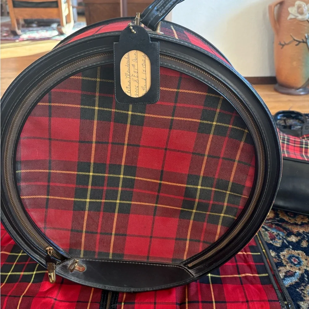 Vintage Luggage Tartan Red Plaid 3 Items. Hat Box/Zip Clothing Cover/Tall Tote